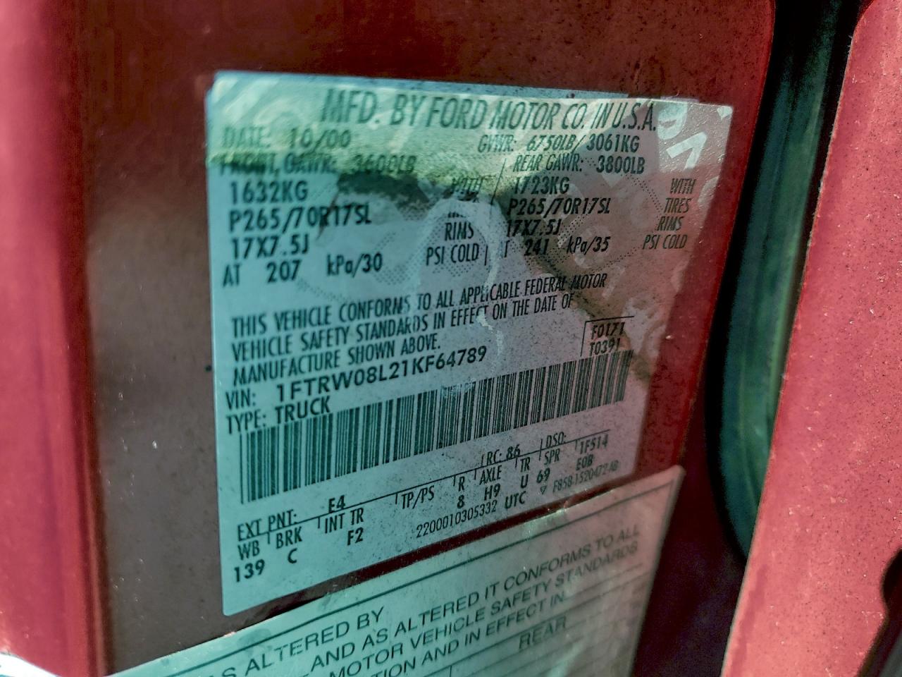 2001 Ford F150 Supercrew VIN: 1FTRW08L21KF64789 Lot: 94148535