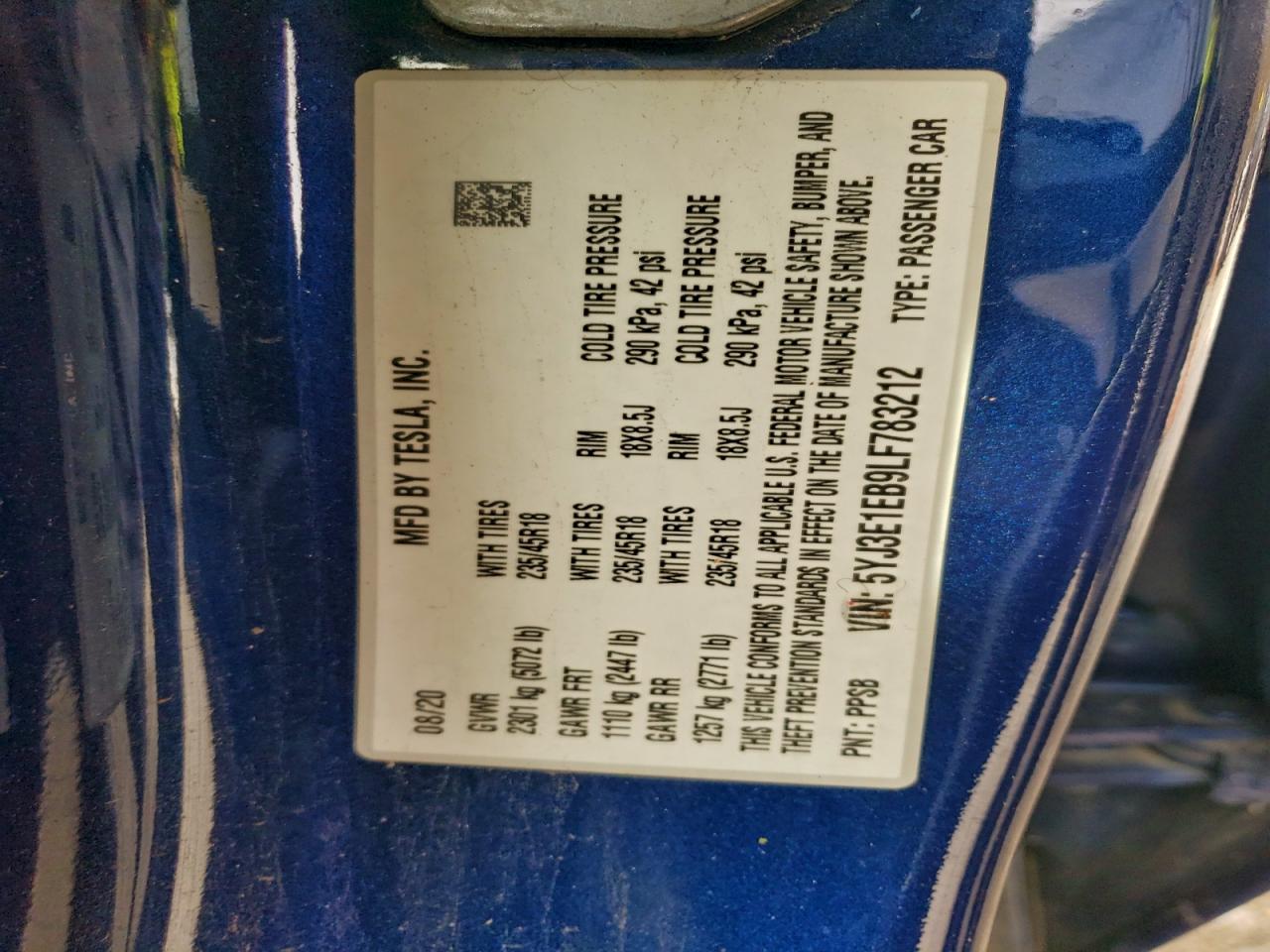 2020 Tesla Model 3 VIN: 5YJ3E1EB9LF783212 Lot: 93492265