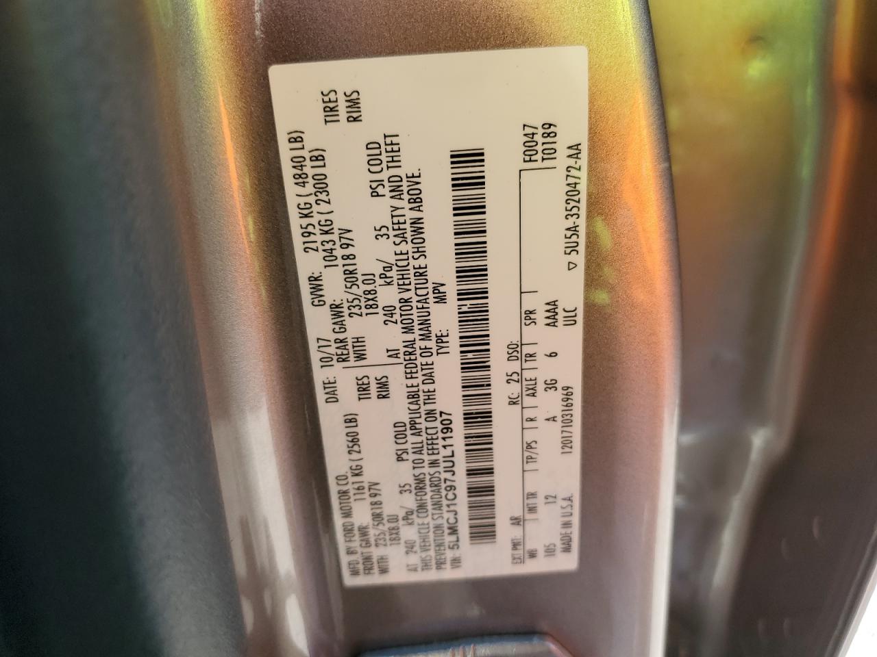 2018 Lincoln Mkc Premiere VIN: 5LMCJ1C97JUL11907 Lot: 93609495