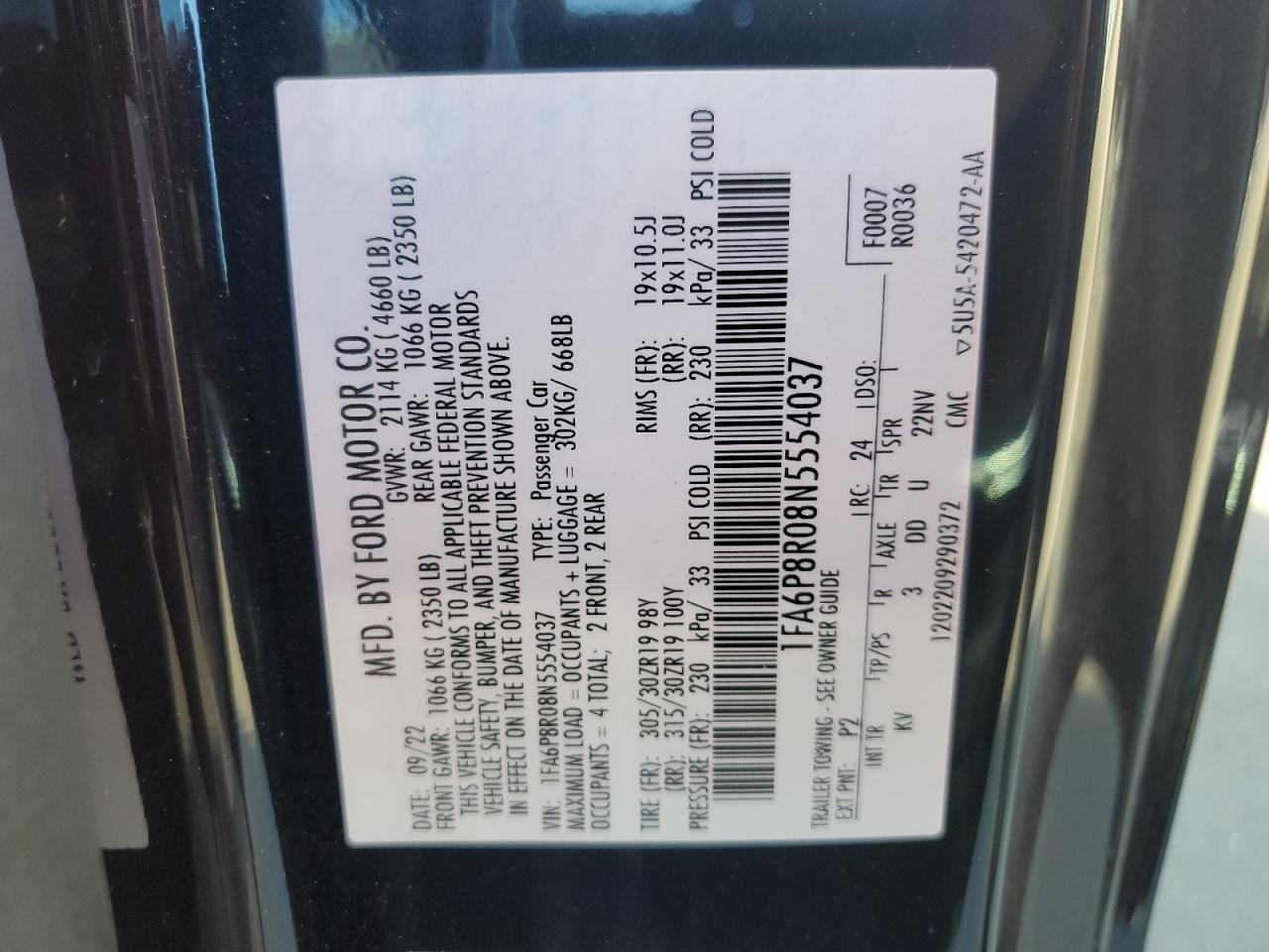 2022 Ford Mustang Mach I VIN: 1FA6P8R08N5554037 Lot: 93357055