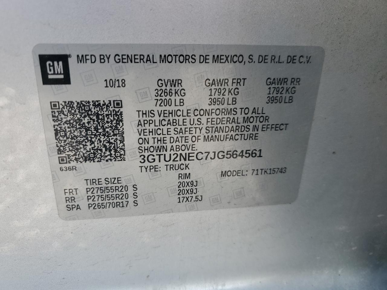 2018 GMC Sierra K1500 Slt VIN: 3GTU2NEC7JG564561 Lot: 92886255