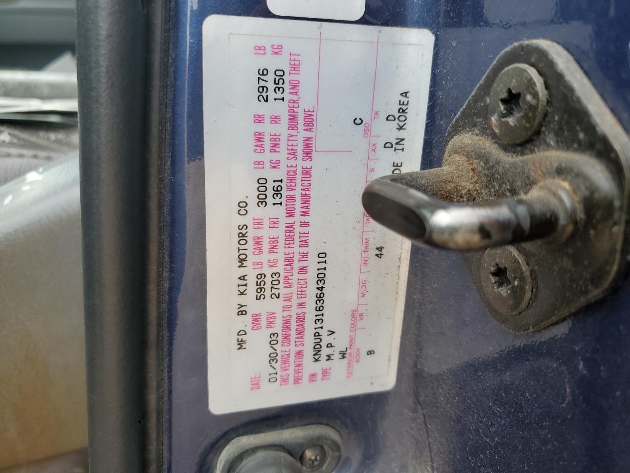 2003 Kia Sedona Ex VIN: KNDUP131636430110 Lot: 91614945