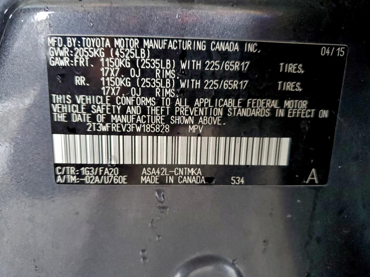 2015 Toyota Rav4 Xle VIN: 2T3WFREV3FW185828 Lot: 94595295