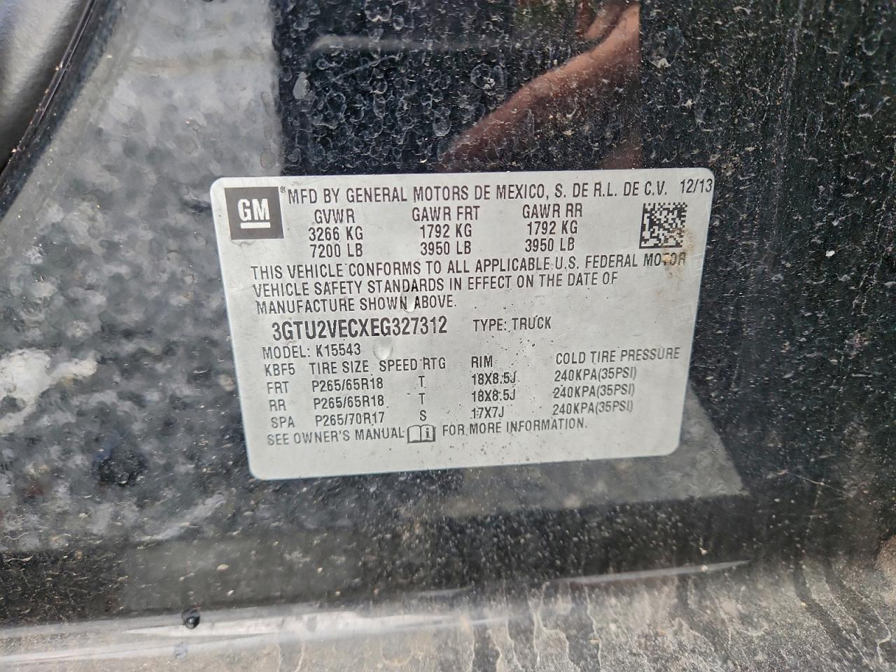 2014 GMC Sierra K1500 Slt VIN: 3GTU2VECXEG327312 Lot: 94220895