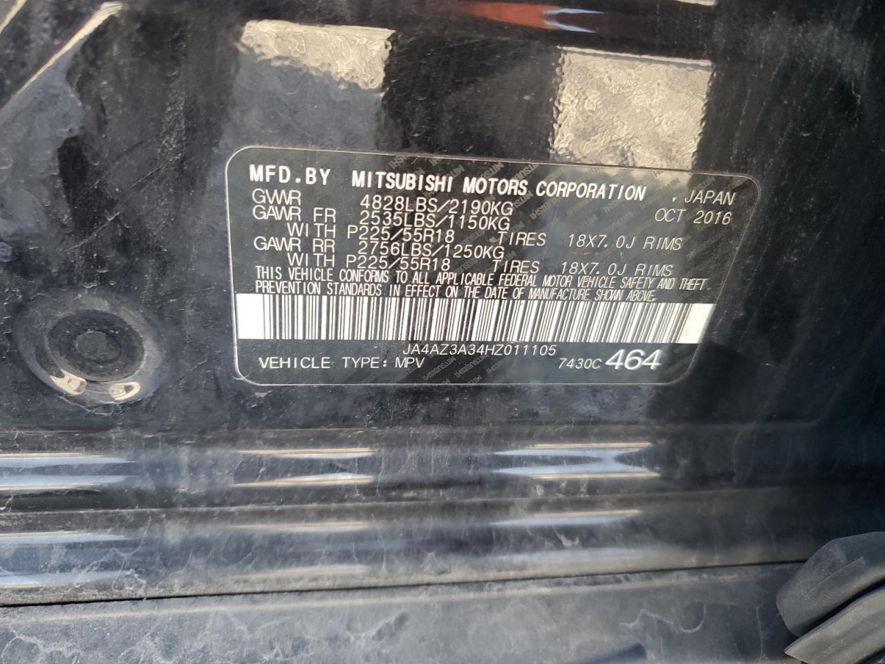 2017 Mitsubishi Outlander Se VIN: JA4AZ3A34HZ011105 Lot: 90357365