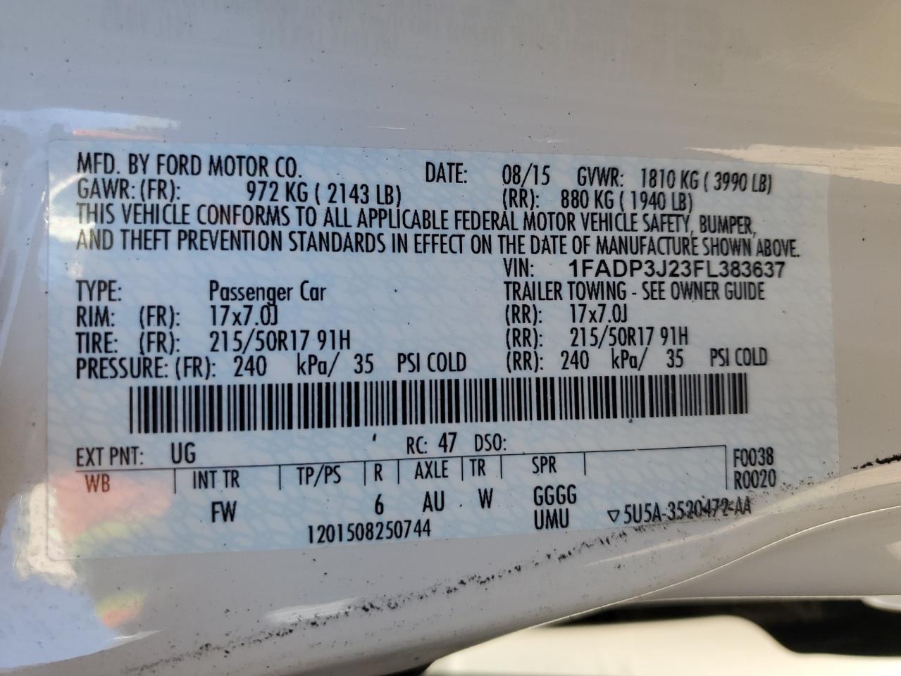 2015 Ford Focus Titanium VIN: 1FADP3J23FL383637 Lot: 91919455