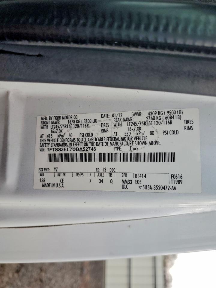 2012 Ford Econoline E350 Super Duty Van VIN: 1FTSS3EL7CDA52746 Lot: 93228665
