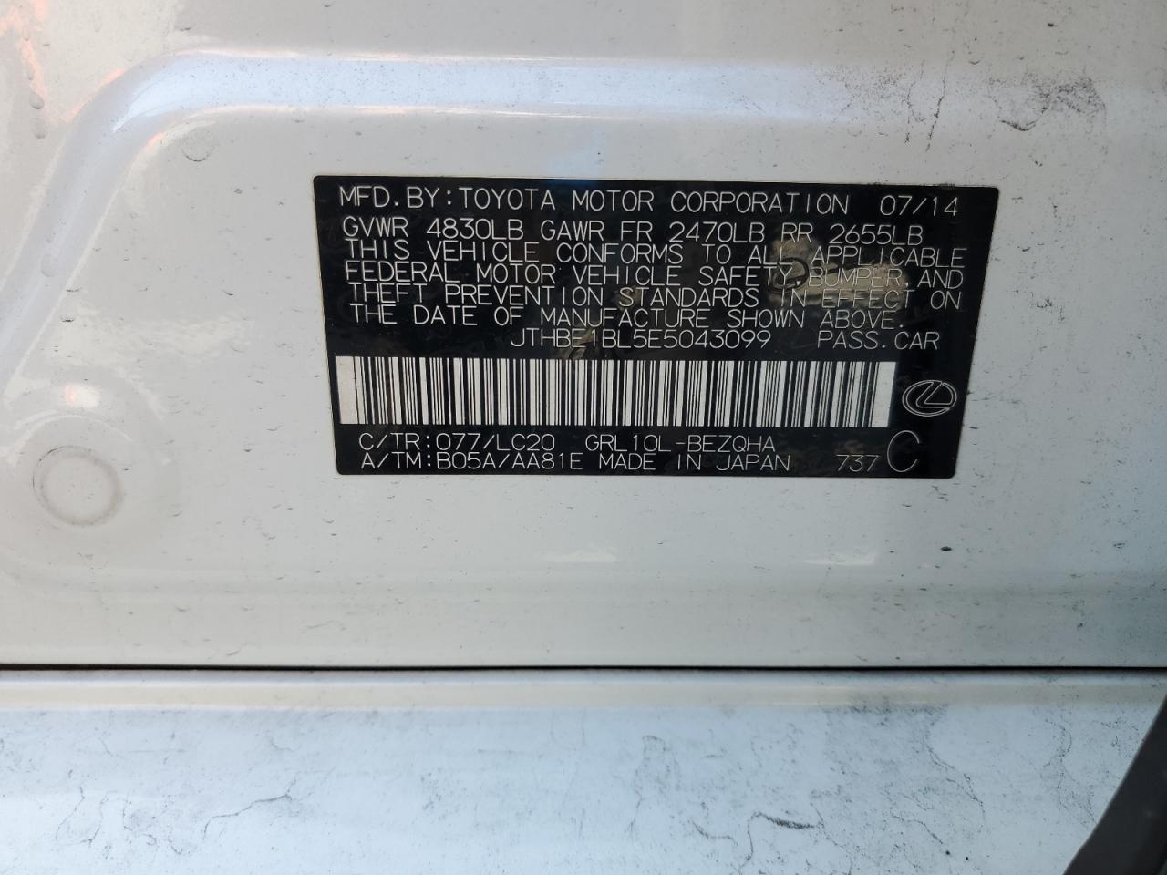 2014 Lexus Gs 350 VIN: JTHBE1BL5E5043099 Lot: 91310705