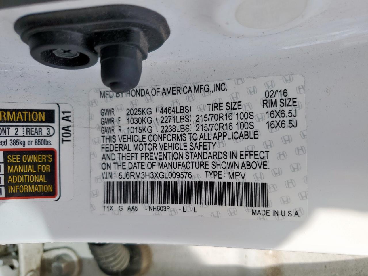 2016 Honda Cr-V Lx VIN: 5J6RM3H3XGL009576 Lot: 92373095