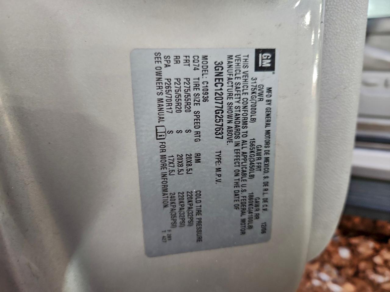 2007 Chevrolet Avalanche C1500 VIN: 3GNEC12077G257637 Lot: 94510545