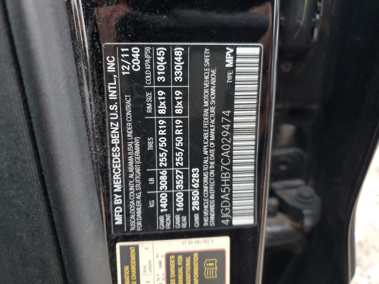 2012 Mercedes-Benz Ml 350 4Matic VIN: 4JGDA5HB7CA029474 Lot: 90886305