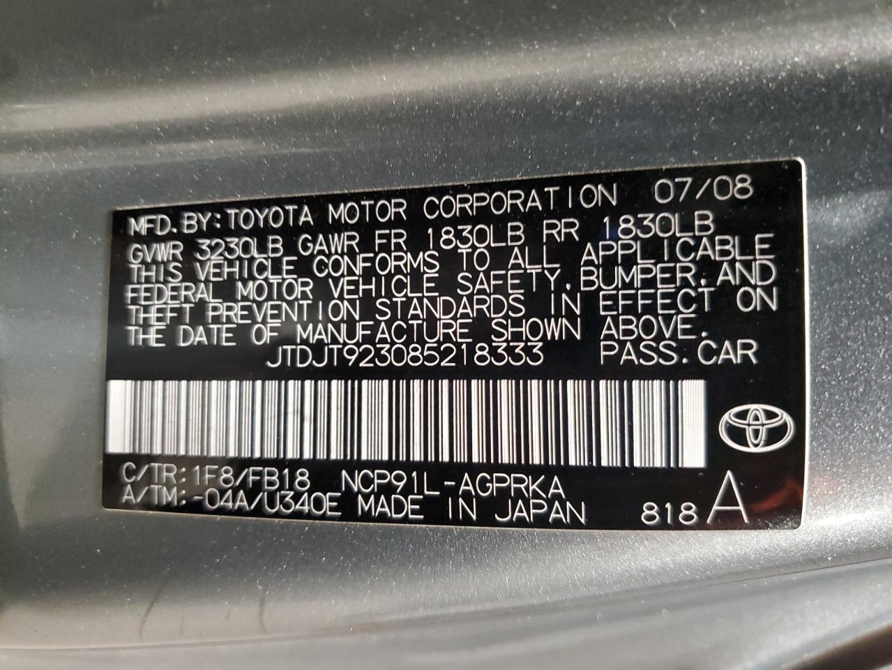 2008 Toyota Yaris VIN: JTDJT923085218333 Lot: 93603555