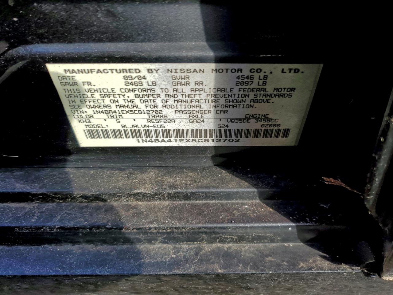 2003 Nissan Maxima Se VIN: 1N4BA41EX5C812702 Lot: 93341035