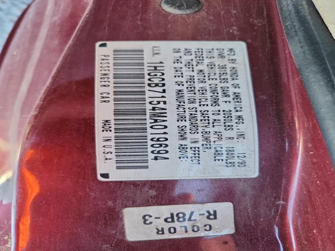 1991 Honda Accord Lx VIN: 1HGCB7154MA019694 Lot: 94250265