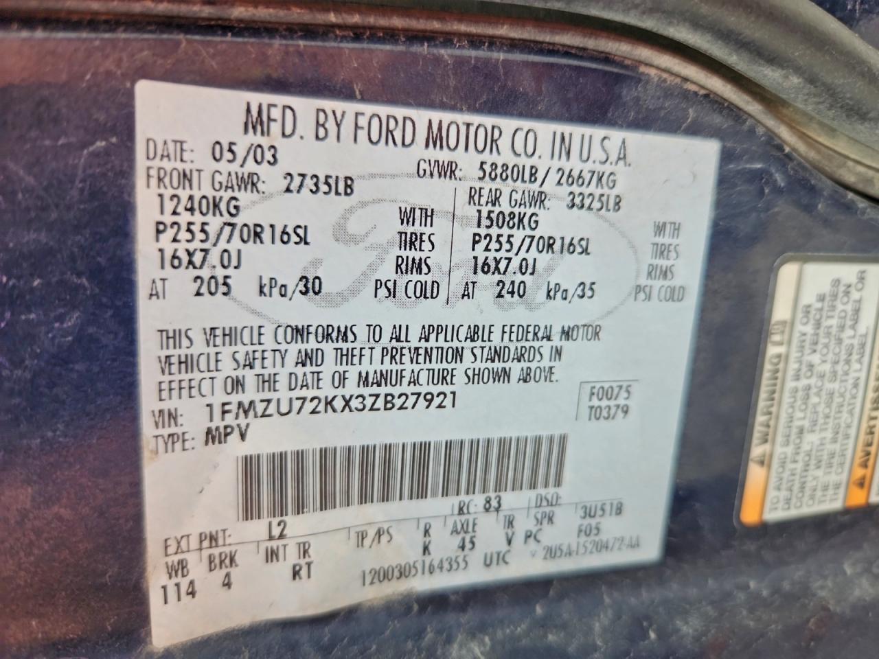 2003 Ford Explorer Xls VIN: 1FMZU72KX3ZB27921 Lot: 94136015