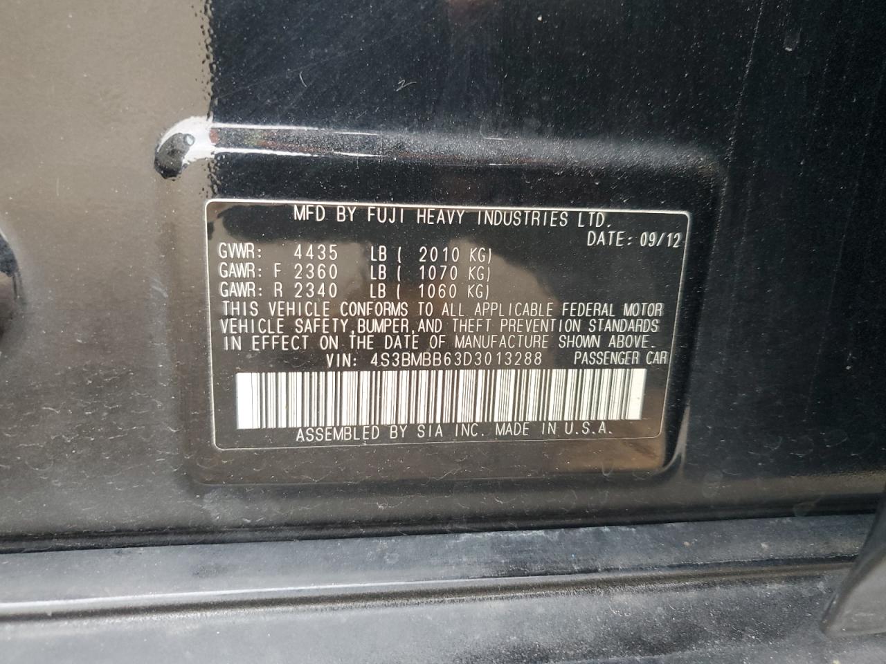 2013 Subaru Legacy 2.5I Premium VIN: 4S3BMBB63D3013288 Lot: 92680735