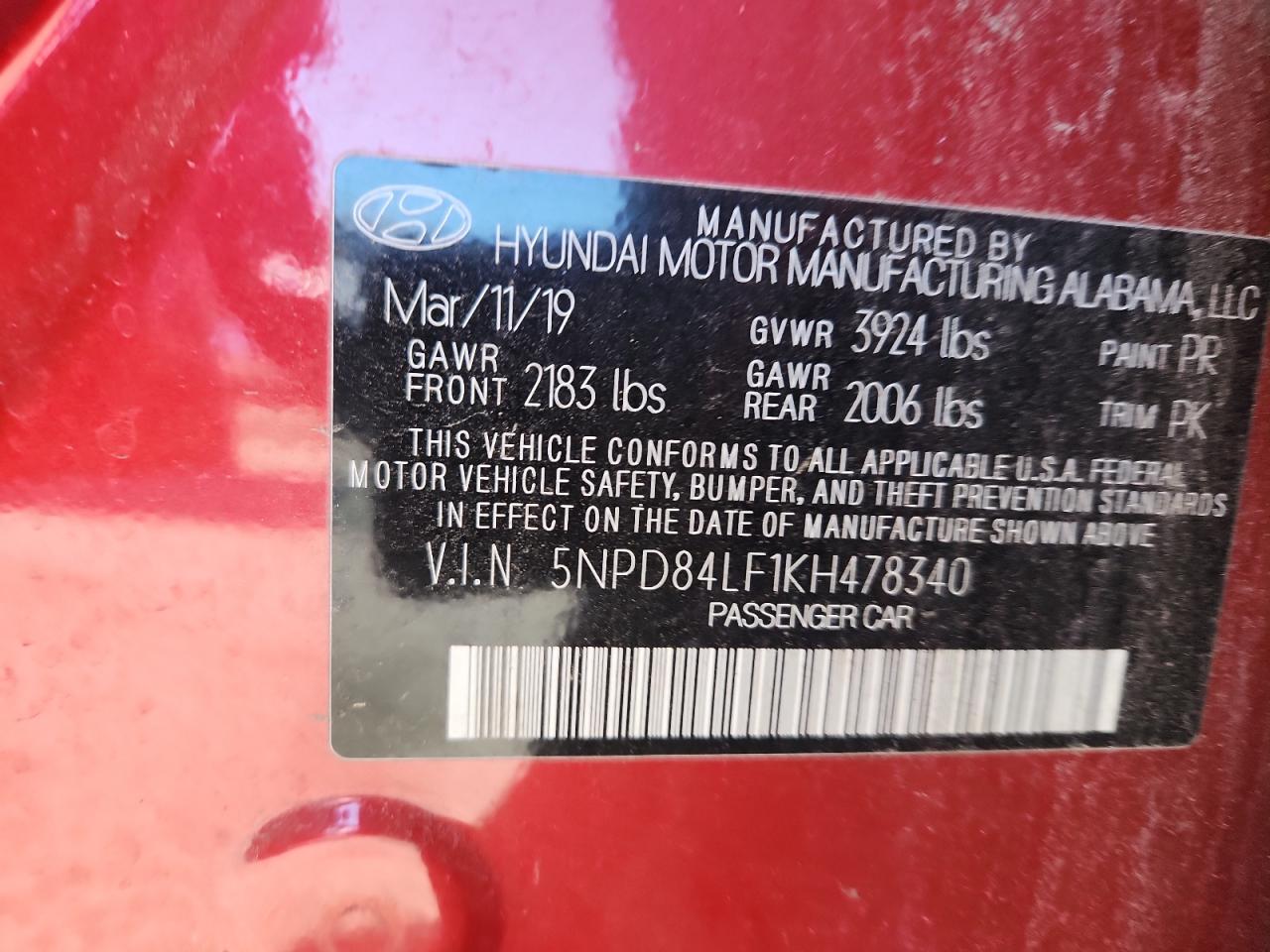 2019 Hyundai Elantra Sel VIN: 5NPD84LF1KH478340 Lot: 93303905