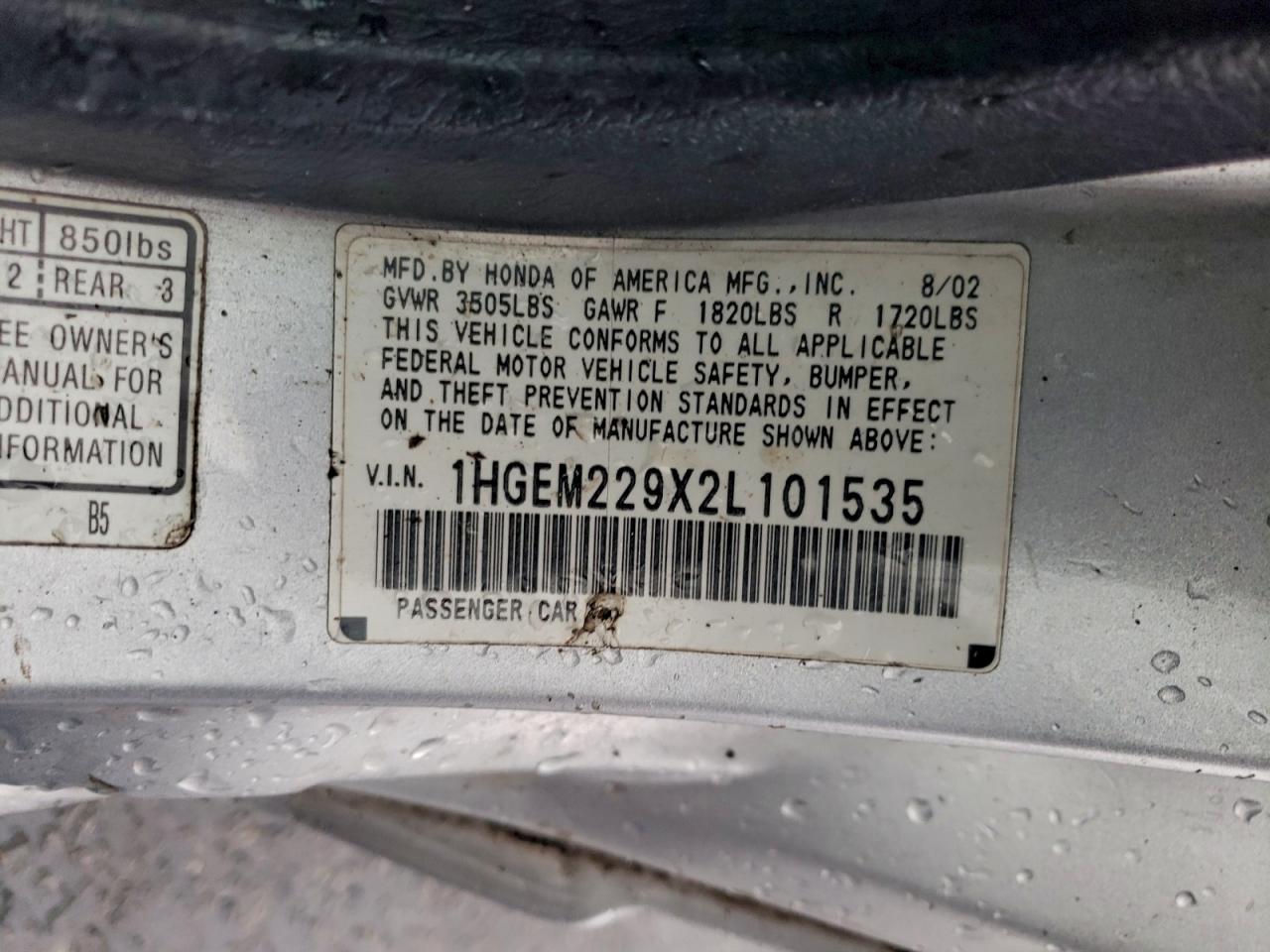 2002 Honda Civic Ex VIN: 1HGEM229X2L101535 Lot: 94358955