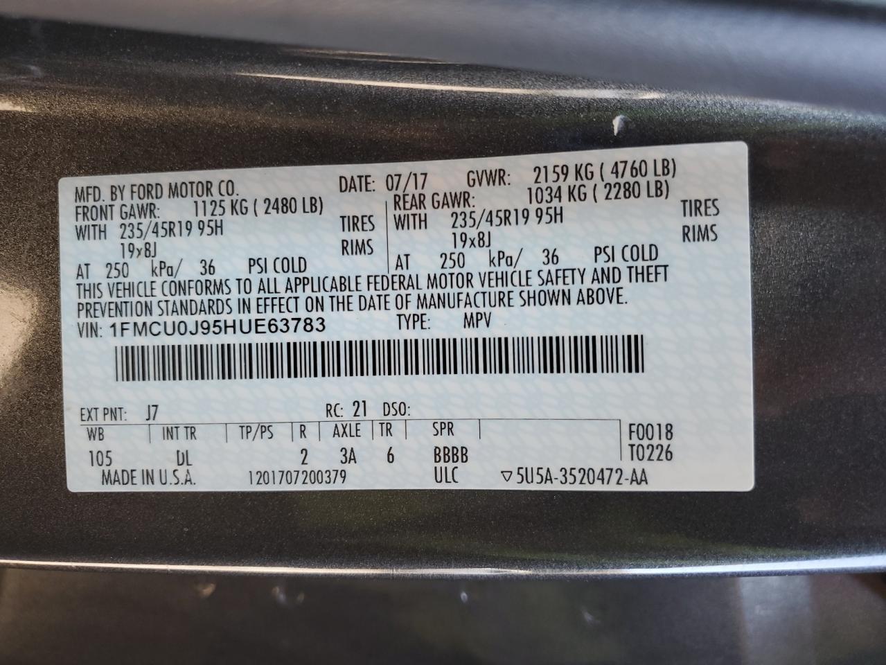 2017 Ford Escape Titanium VIN: 1FMCU0J95HUE63783 Lot: 91562075