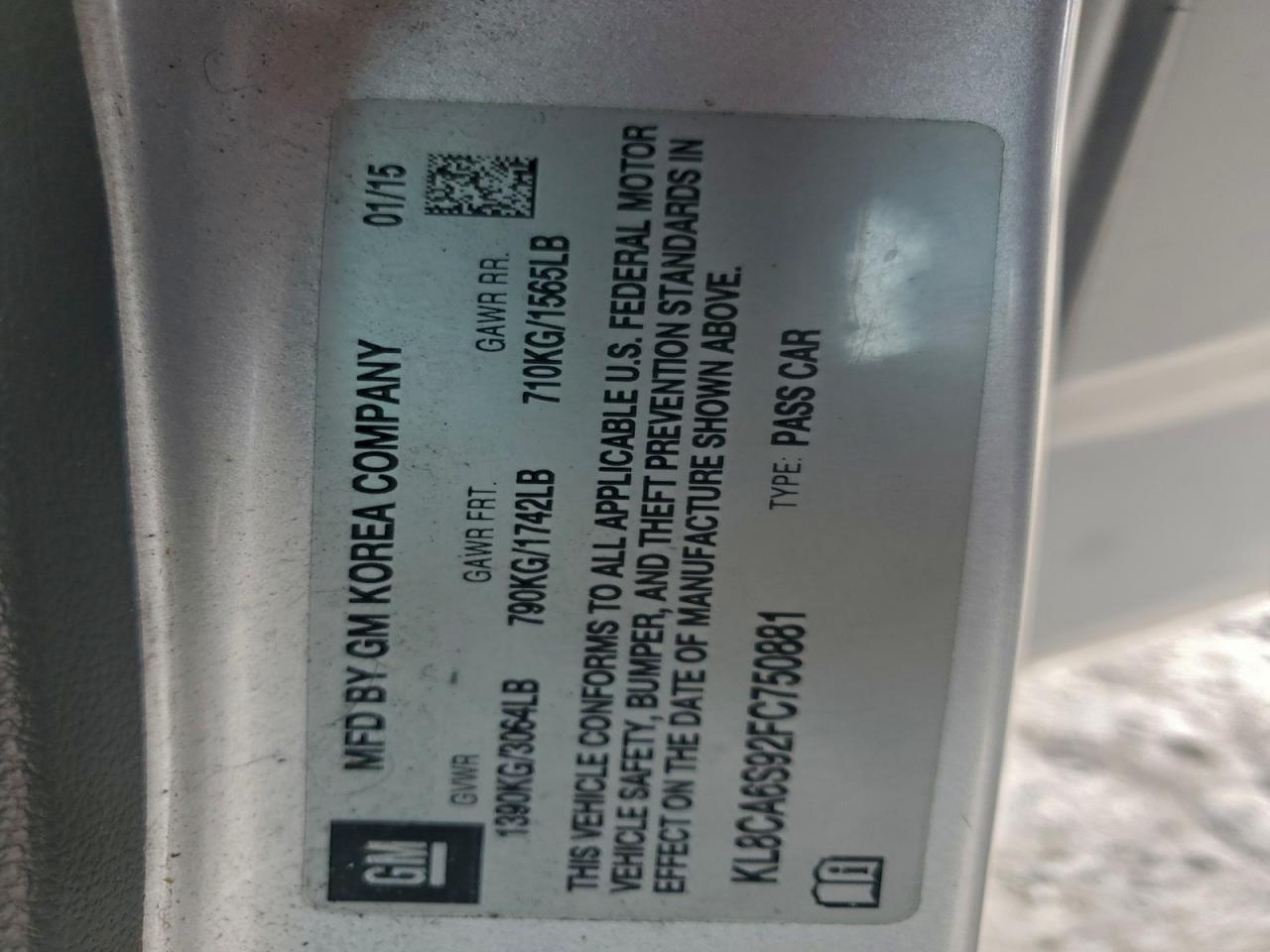 2015 Chevrolet Spark Ls VIN: KL8CA6S92FC750881 Lot: 93488855