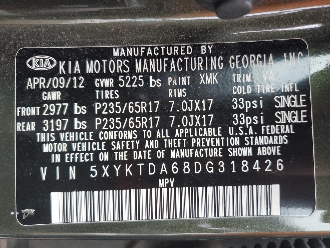 2013 Kia Sorento Lx VIN: 5XYKTDA68DG318426 Lot: 91254485