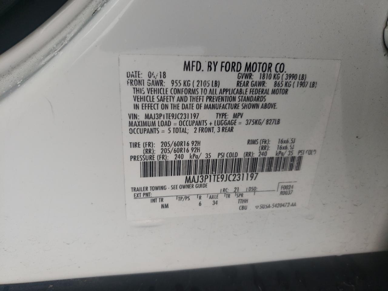 2018 Ford Ecosport Se VIN: MAJ3P1TE9JC231197 Lot: 90729995