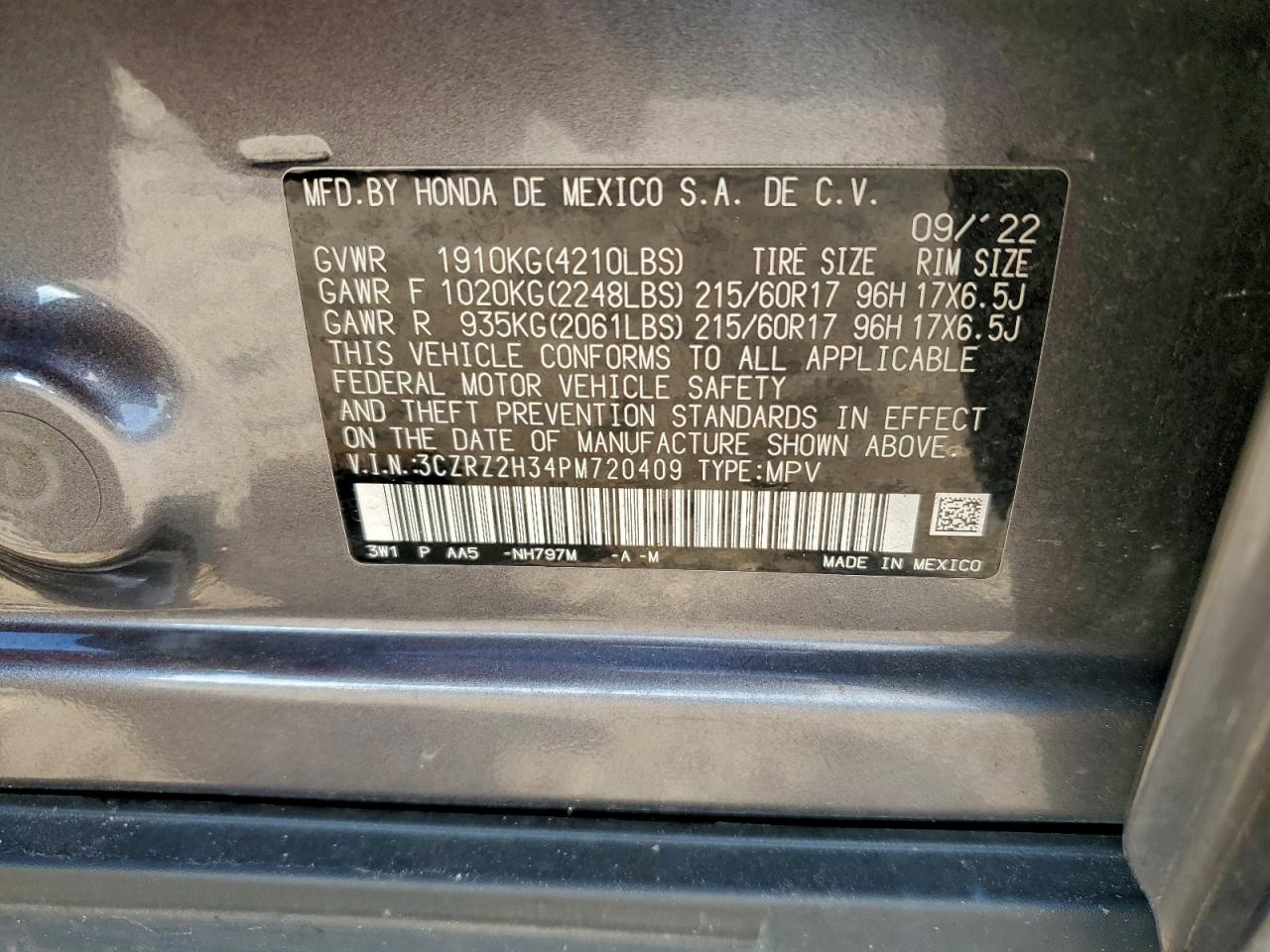 2023 Honda Hr-V Lx VIN: 3CZRZ2H34PM720409 Lot: 94310835