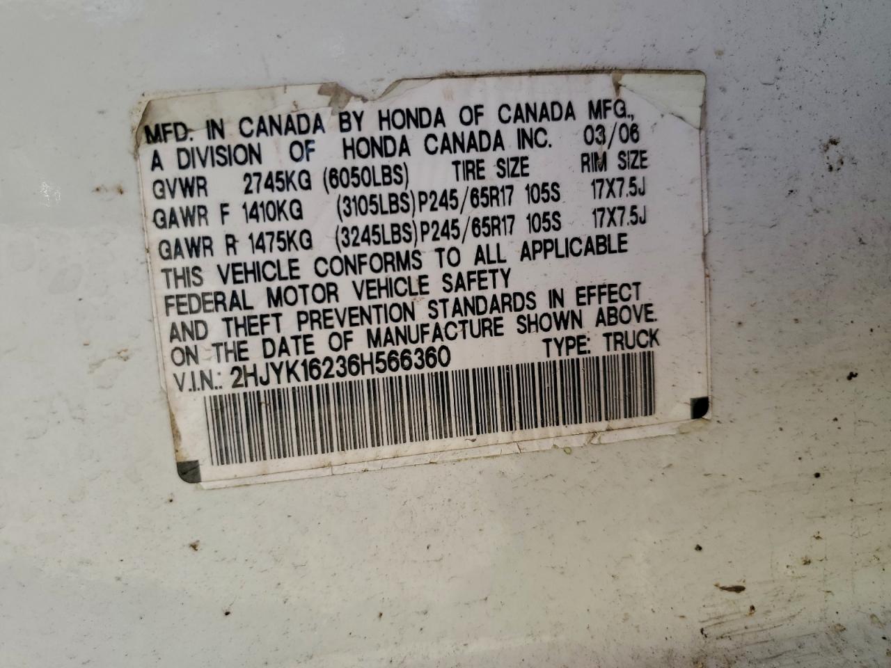 2006 Honda Ridgeline Rt VIN: 2HJYK16236H566360 Lot: 92635575