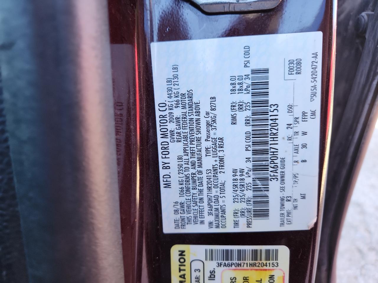 2017 Ford Fusion Se VIN: 3FA6P0H71HR204153 Lot: 91026645