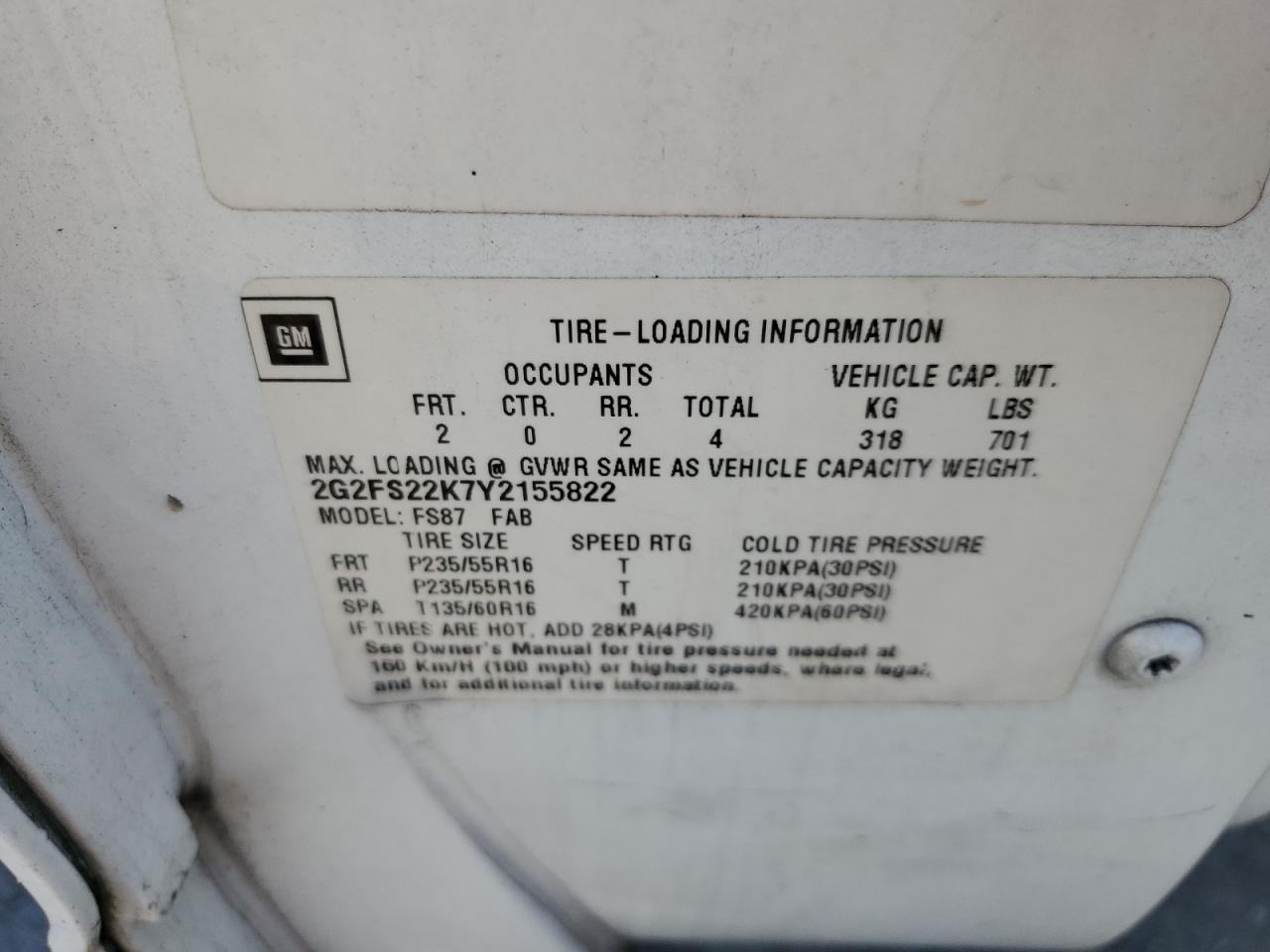 2000 Pontiac Firebird VIN: 2G2FS22K7Y2155822 Lot: 91879825