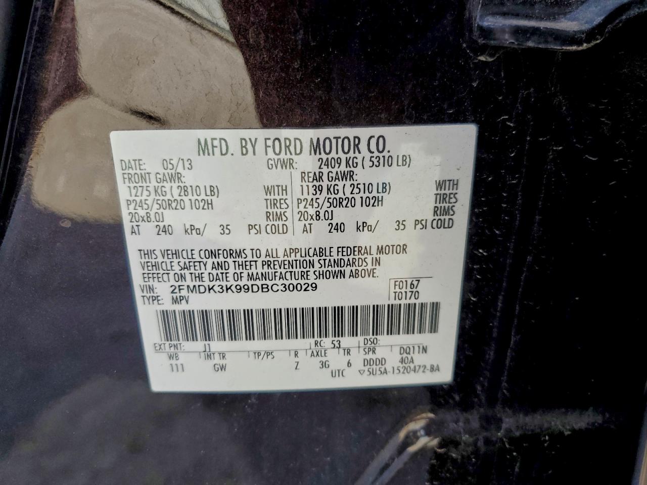 2013 Ford Edge Limited VIN: 2FMDK3K99DBC30029 Lot: 93947745