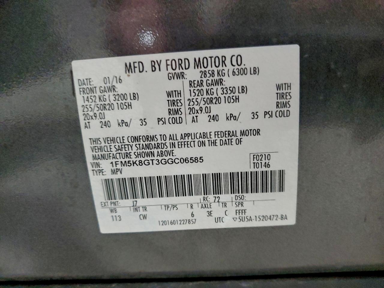 2016 Ford Explorer Sport VIN: 1FM5K8GT3GGC06585 Lot: 93869005