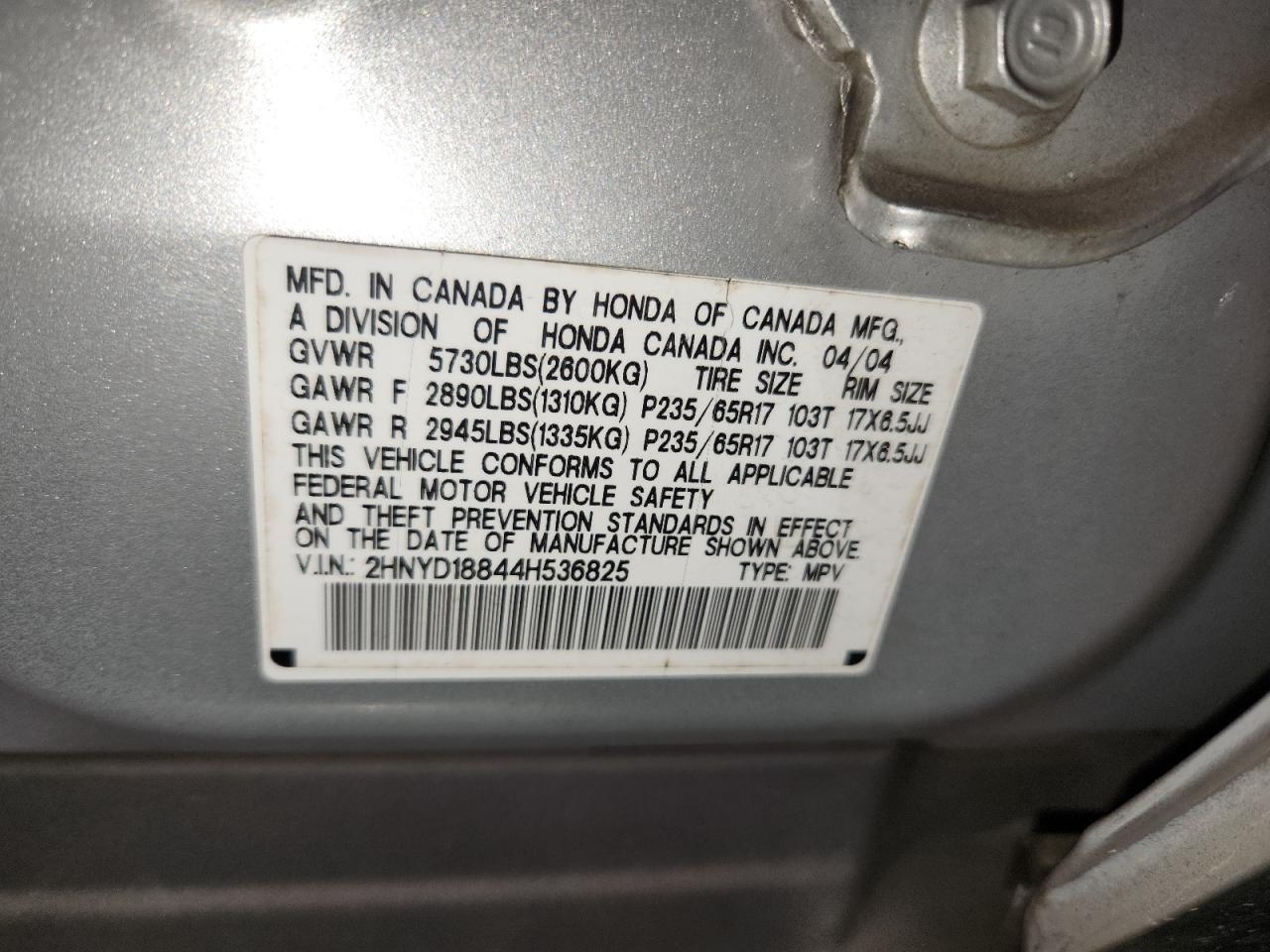 2004 Acura Mdx Touring VIN: 2HNYD18844H536825 Lot: 92999415