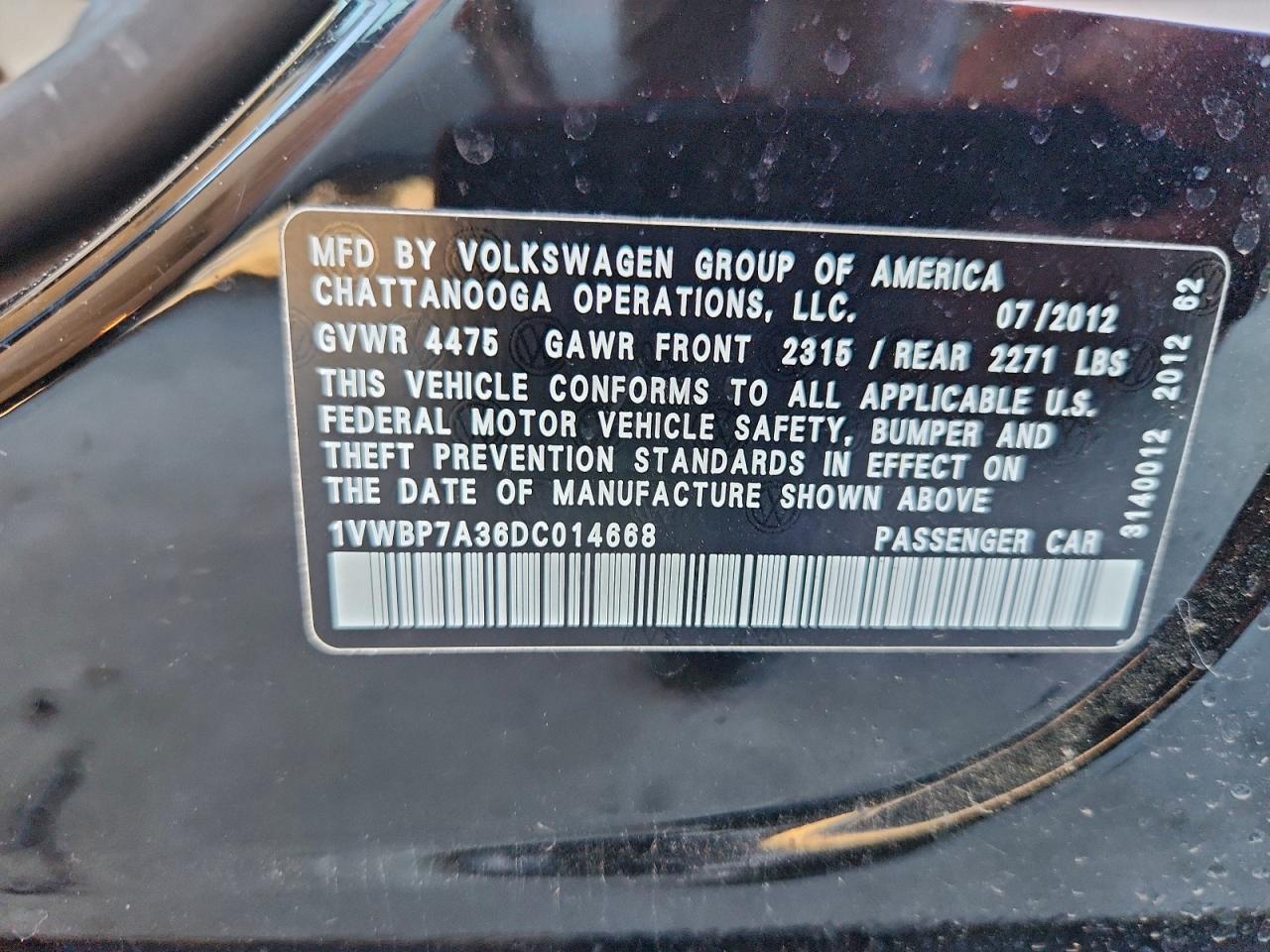 2013 Volkswagen Passat Se VIN: 1VWBP7A36DC014668 Lot: 94044685