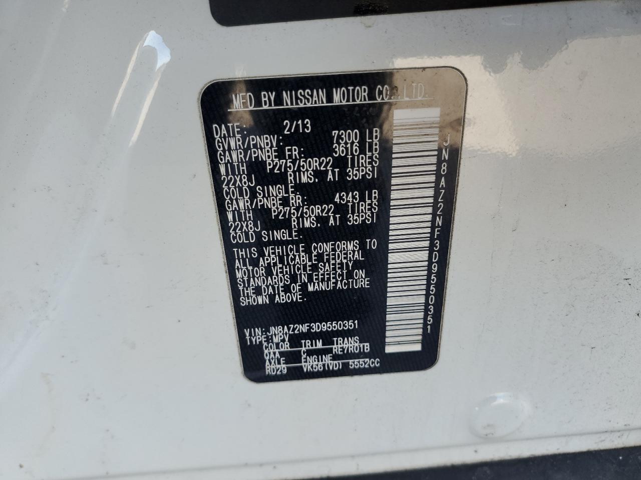 2013 Infiniti Qx56 VIN: JN8AZ2NF3D9550351 Lot: 92388255