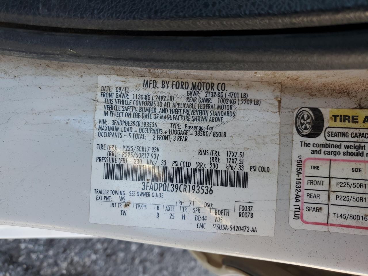 2012 Ford Fusion Hybrid VIN: 3FADP0L39CR193536 Lot: 86220655