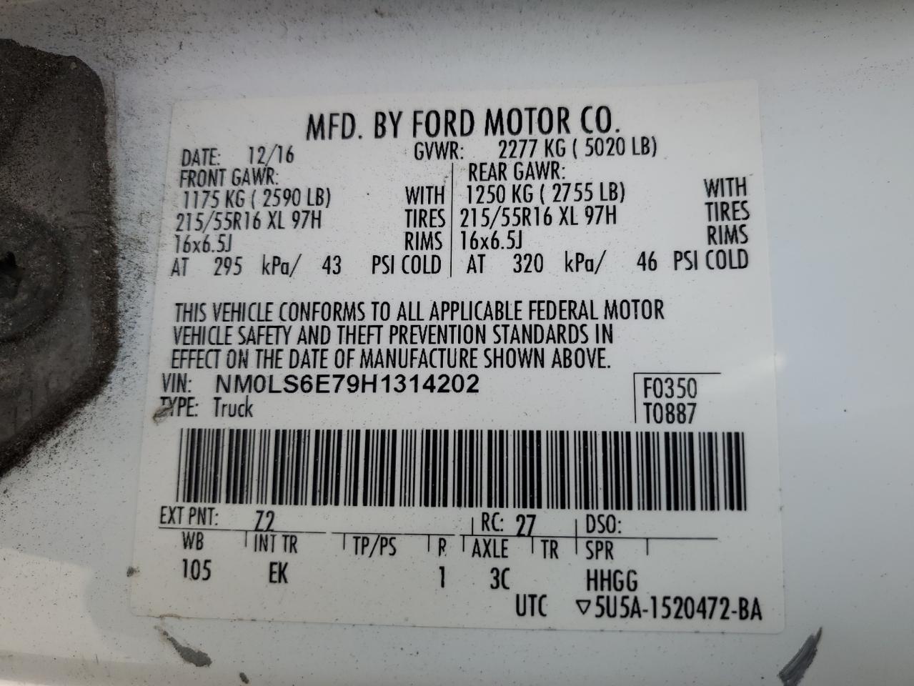 2017 Ford Transit Connect Xl VIN: NM0LS6E79H1314202 Lot: 91521815