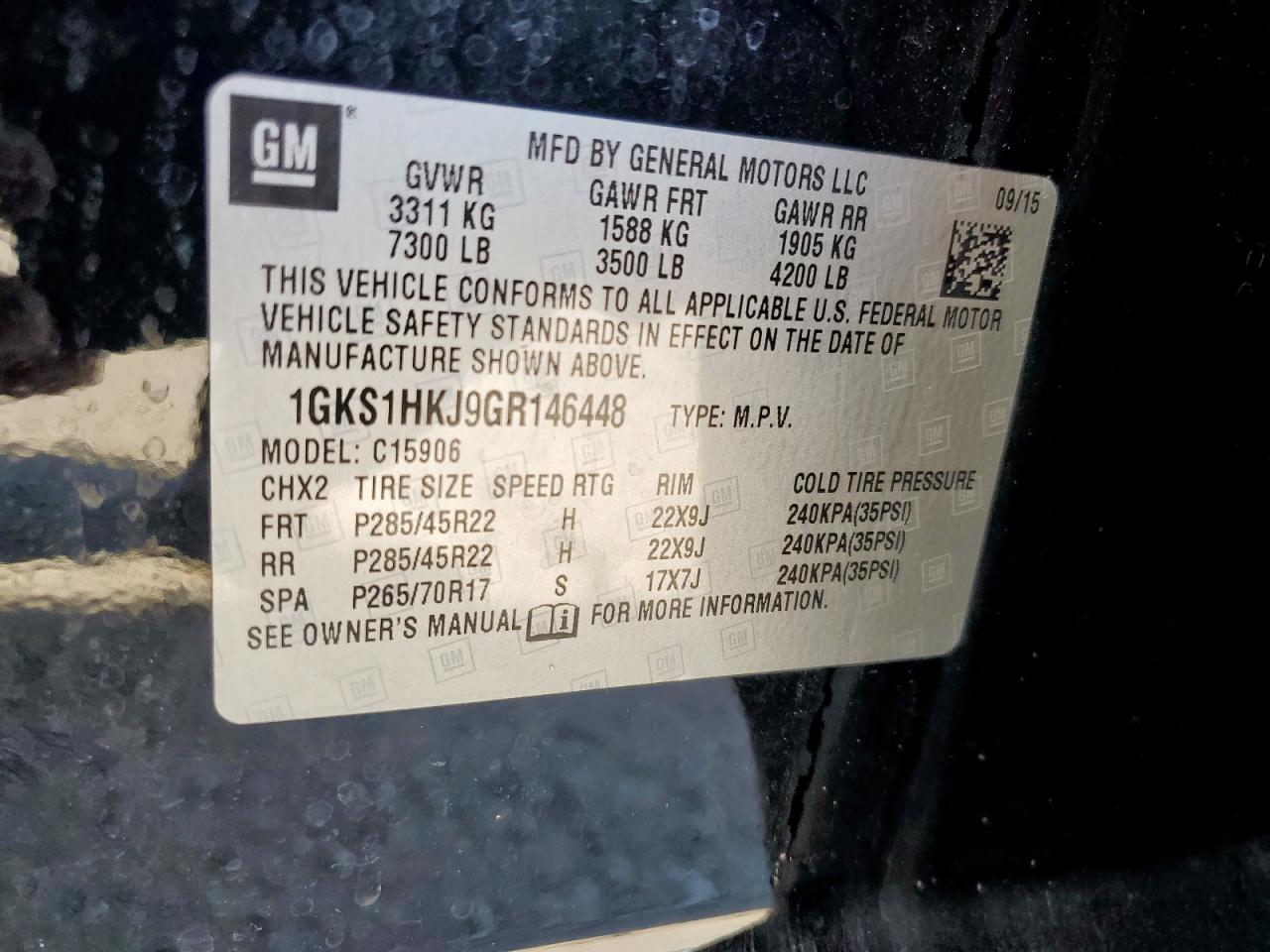 2016 GMC Yukon Xl Denali VIN: 1GKS1HKJ9GR146448 Lot: 91232015