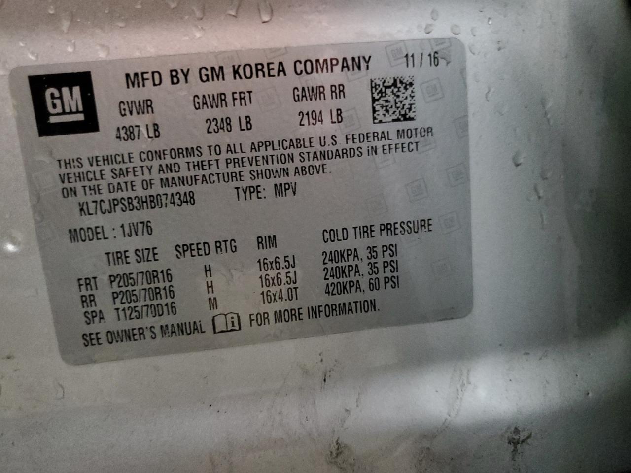 2017 Chevrolet Trax 1Lt VIN: KL7CJPSB3HB074348 Lot: 92289185