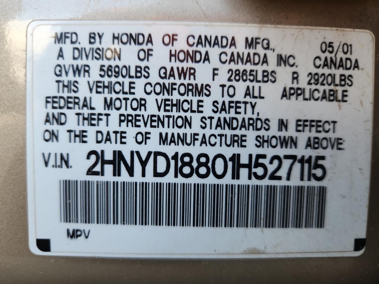 2001 Acura Mdx Touring VIN: 2HNYD18801H527115 Lot: 92419515