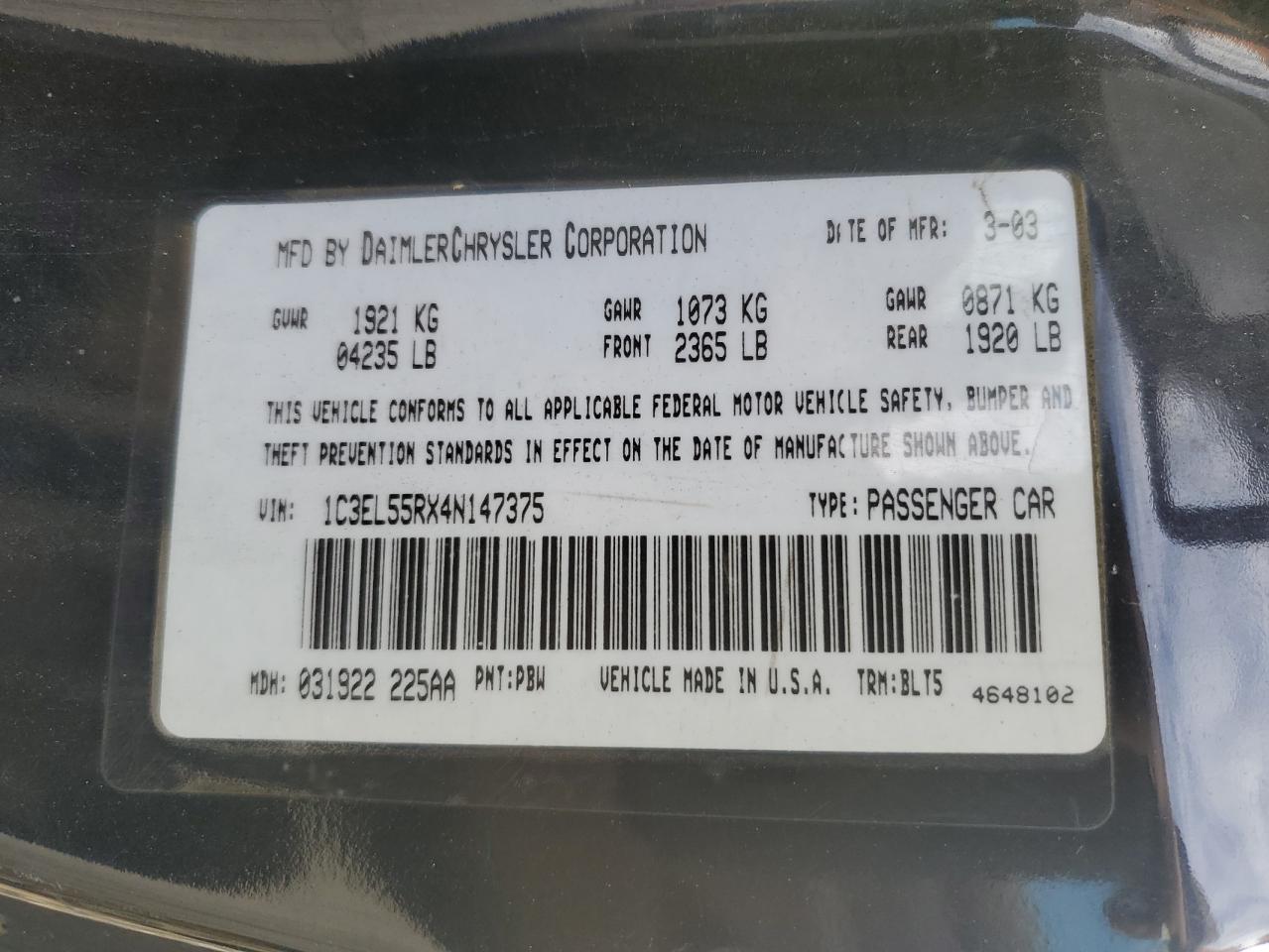 2004 Chrysler Sebring Lxi VIN: 1C3EL55RX4N147375 Lot: 93816625