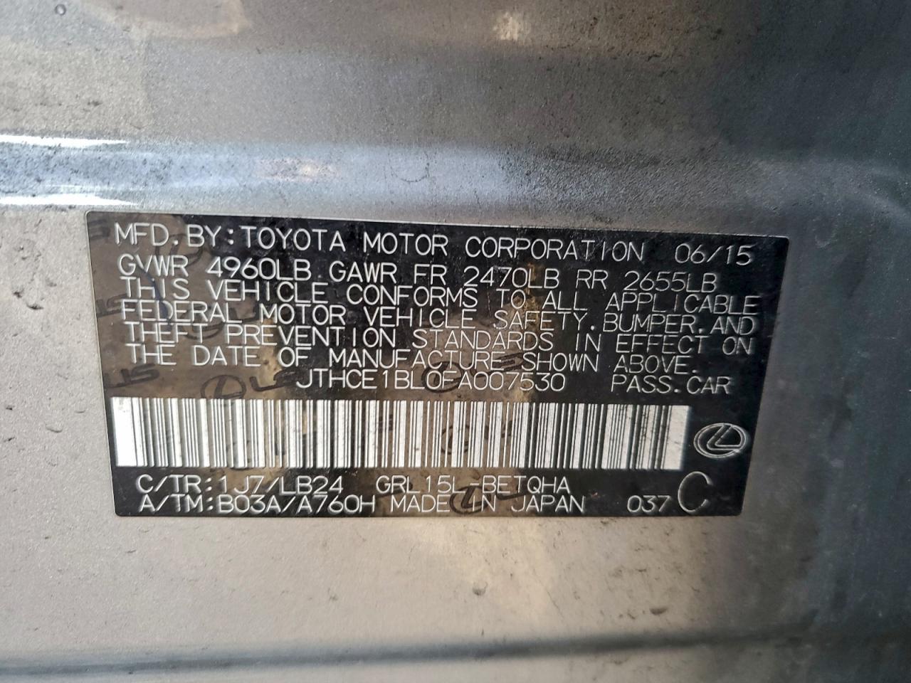 2015 Lexus Gs 350 VIN: JTHCE1BL0FA007530 Lot: 94043545