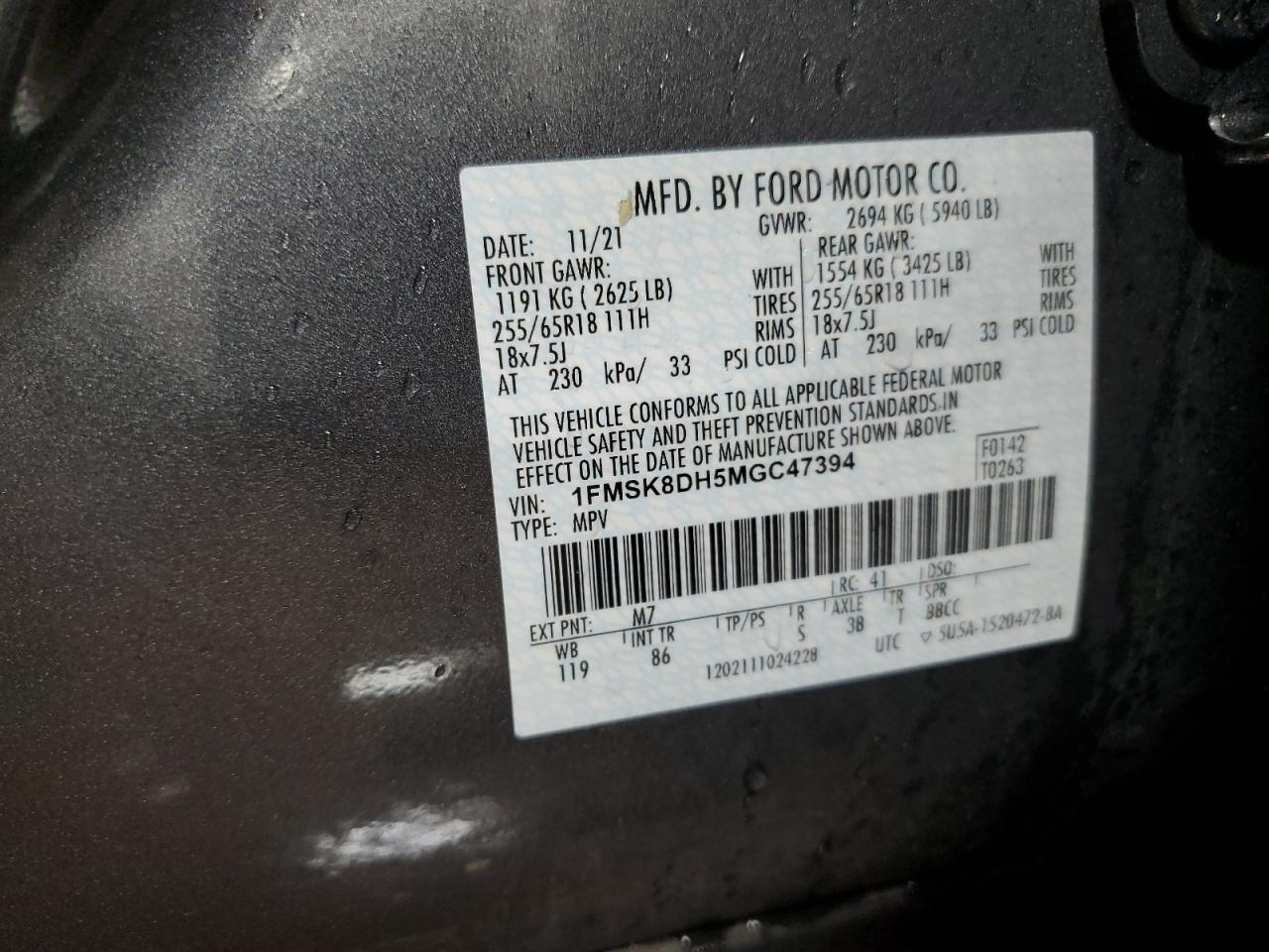 2021 Ford Explorer Xlt VIN: 1FMSK8DH5MGC47394 Lot: 93278185