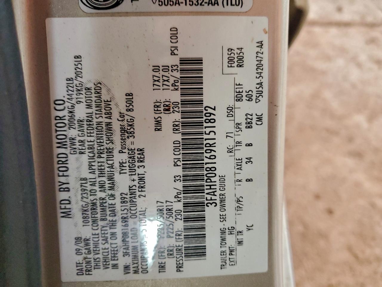 2009 Ford Fusion Sel VIN: 3FAHP08169R151892 Lot: 93414645