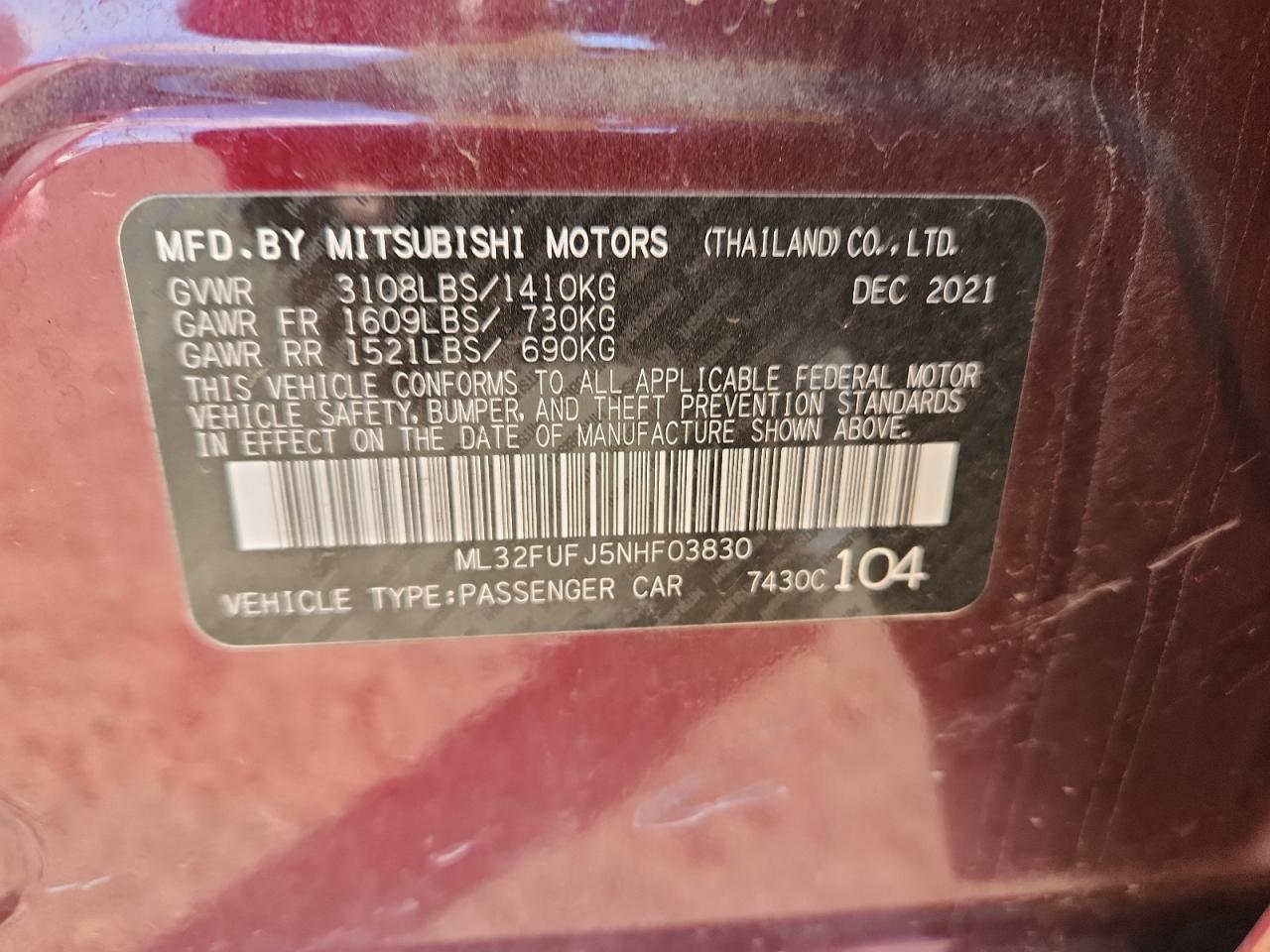 2022 Mitsubishi Mirage G4 Es VIN: ML32FUFJ5NHF03830 Lot: 92530765