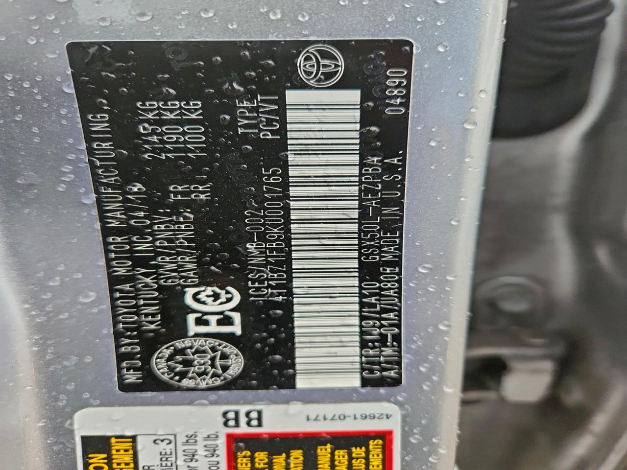 2019 Toyota Avalon Xle VIN: 4T1BZ1FB9KU001765 Lot: 93861355