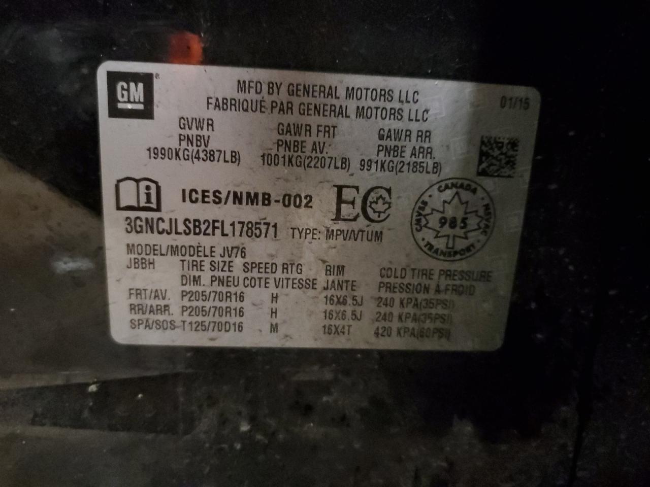 2015 Chevrolet Trax 1Lt VIN: 3GNCJLSB2FL178571 Lot: 89832185