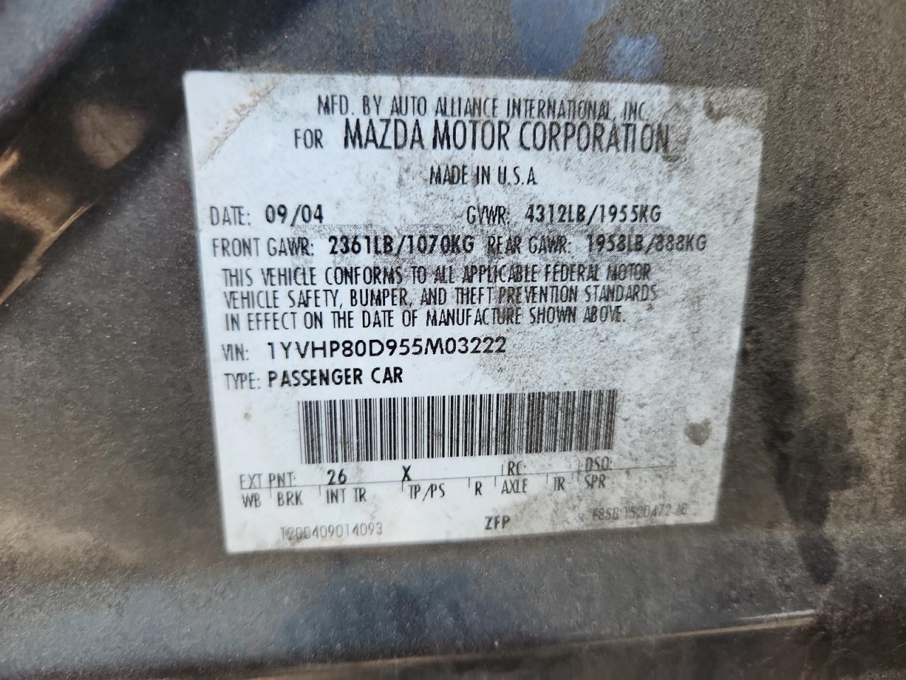 2005 Mazda 6 S VIN: 1YVHP80D955M03222 Lot: 93490815