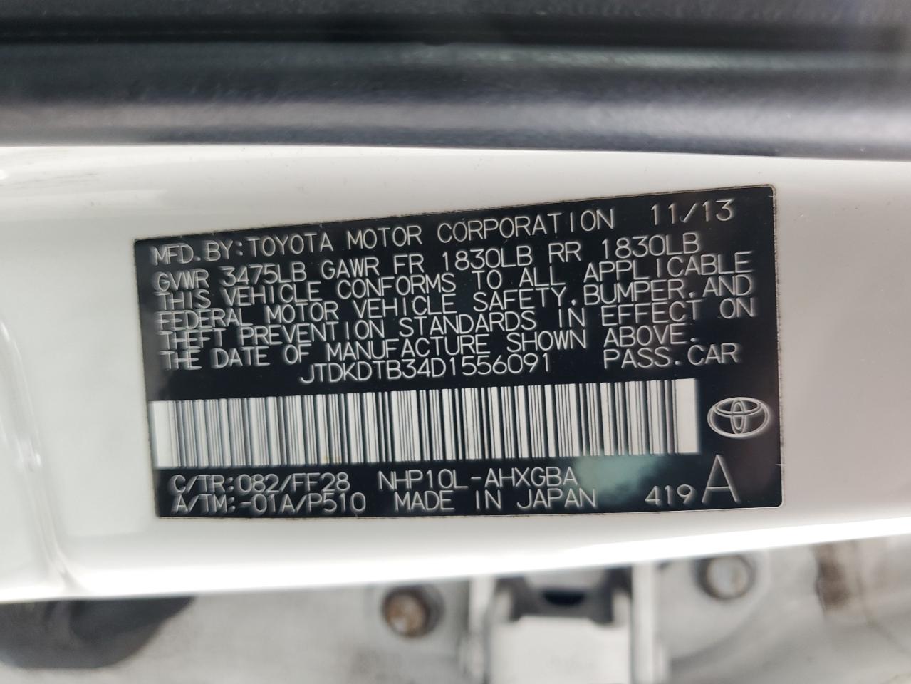 2013 Toyota Prius C VIN: JTDKDTB34D1556091 Lot: 90696085