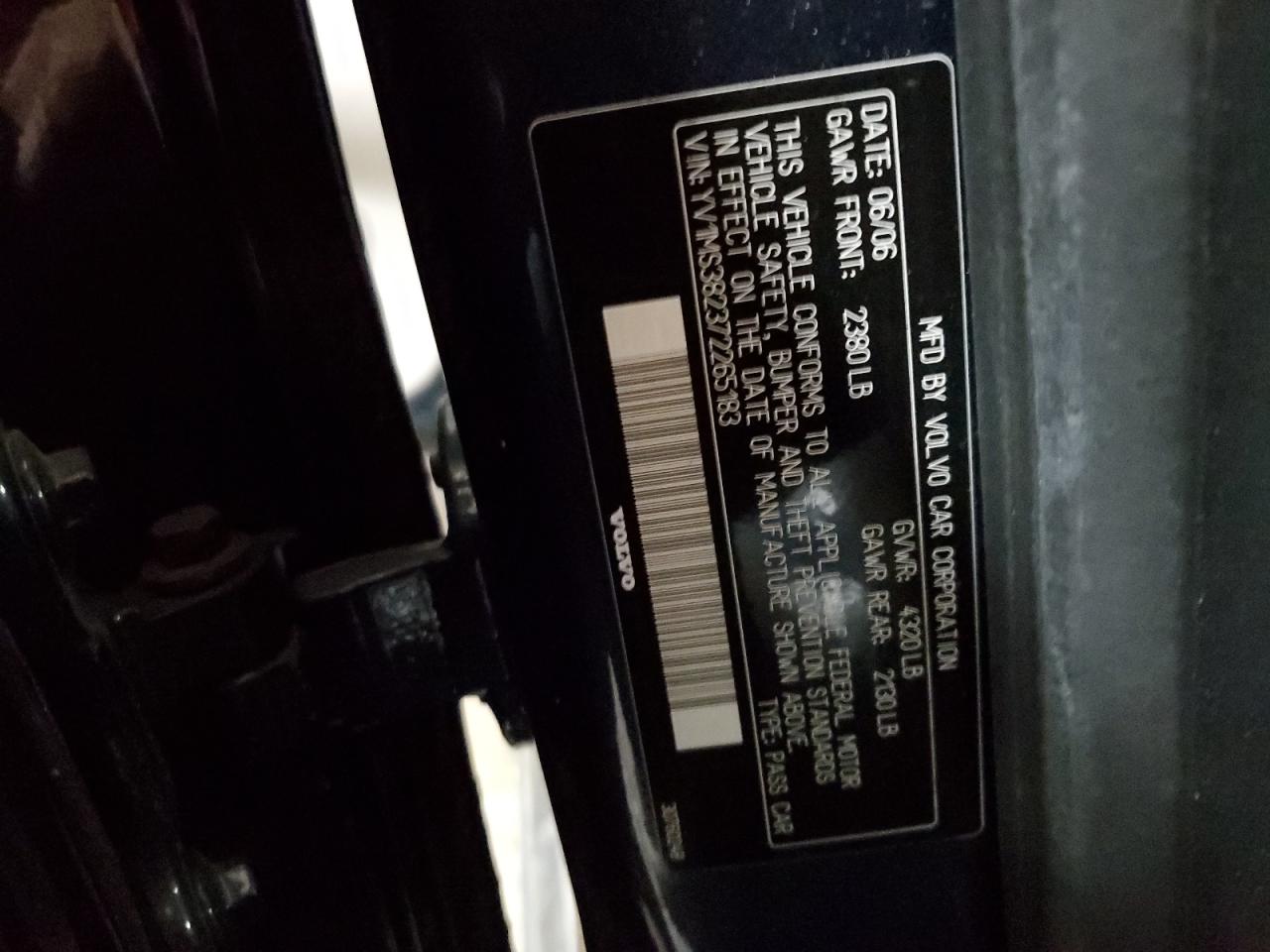 2007 Volvo S40 2.4I VIN: YV1MS382372265183 Lot: 92600295